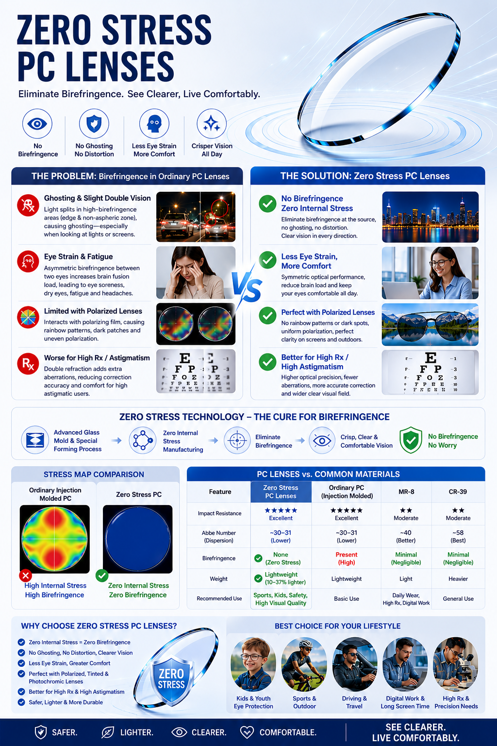 Zero Stress PC Lens product flyer showing birefringence problem, Zero Stress solution, stress map comparison and applications